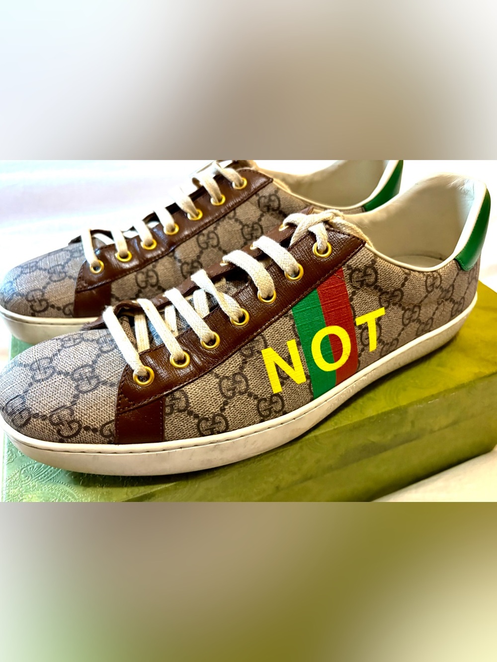 Gucci Brown GG Canvas Sneaker with Green-Red Stripe and Yellow Lettering